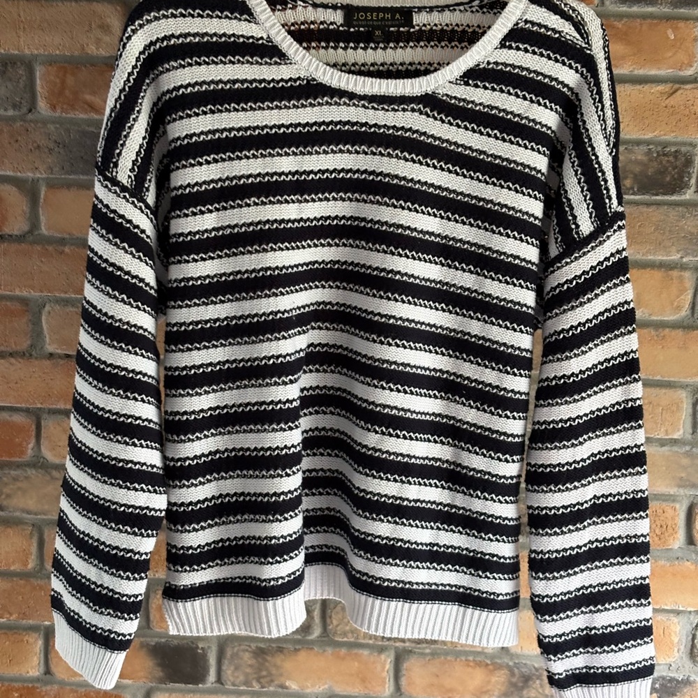 Joseph A Black and White Striped Crew Neck Sweater